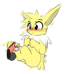 2017 ambiguous_gender balls blush disembodied_penis eeveelution foot_fetish footjob jolteon male male/ambiguous nintendo penis pokémon_(species) pokemon rockii sex simple_background two-footed_footjob video_games white_background