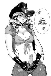 1futa anasheya breasts cleavage cowboy_hat dickgirl erection freckles futa_only futadom futanari gloves hourglass_figure intersex latex latex_gloves monochrome penis solo solo_futa speech_bubble text