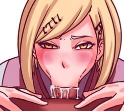 1boy 1girls :>= akamatsu_kaede blonde_hair blush close-up cum cum_drip cum_in_mouth cum_in_throat cum_trail danganronpa danganronpa_v3 dark-skinned_male deepthroat disembodied_penis eye_contact eyebrows eyelashes fellatio female gagged hair_ornament light_skin long_hair male_pov moshimashi musical_note_hair_ornament new_danganronpa_v3 oral pale_skin penis pov saliva saliva_trail school_uniform schoolgirl short_hair simple_background slim straight_hair teenager violet_eyes white_background yellow_eyes