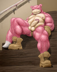 2017 4k absurd_res anthro anthrofied balls barazoku blue_eyes boots chase_(tjdolphin) clothing colored_sketch detailed_background footwear gloves half-erect hi_res humanoid_penis leather male male_only mammal muscular nintendo nipples parent penis perineum pokémon_(species) pokemon railing reclining simple_background sitting sketch slightly_chubby slowpoke smile solo stairs sweat tan_background tjdolphin vein video_games wood