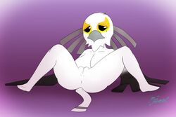 aggressive_retsuko anthro anus avian beak beauty_mark big_breasts bird breasts cleavage clothed clothing eyelashes feathers female furry furry_only miso_souperstar naked nude pussy sanrio secretary_bird secretary_washimi smooth_skin solo washimi white_feathers