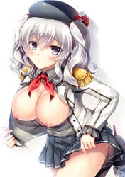 backlighting bangs beret blazer blue_eyes blush breasts breasts_out buttons collared_shirt cowboy_shot embarrassed epaulettes female from_side fukase_ayaka hair_between_eyes hat jacket kantai_collection kashima_(kantai_collection) large_breasts lifted_by_self long_sleeves looking_at_viewer miniskirt neckerchief nipples no_bra open_blazer open_clothes open_jacket open_shirt parted_lips pleated_skirt puffy_nipples school_uniform shadow shirt sidelocks silver_hair simple_background skirt skirt_lift solo thighs twintails undressing wavy_hair white_background