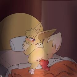 2017 animal_genitalia animal_penis anus balls bed bed_sheet bedding blanket blush canine_penis eevee erection inside knot looking_at_viewer male nintendo on_bed penis pillow pokémon_(species) pokemon raised_tail rockii solo video_games