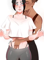 2d 2girls against_glass apex_legends aqua_eyes bangalore black_hair black_panties blush blushing brown_hair closed_eyes clothed crop_top crop_top_overhang cyan_eyes dark-skinned_female dark_hair dark_skin female freckles hair hand_on_another's_stomach heavy_blush highleg_panties hug_from_behind ilewdha interracial interracial_yuri kiss kissing light-skinned_female light_skin messy_hair nose_piercing side_shave string_panties thong undercut wraith_(apex_legends) yoga_pants yuri