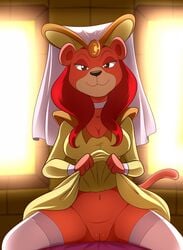 2017 anthro anthro_only bottomless breasts cleavage clothed clothing felid feline female flashing half-closed_eyes hi_res legwear lion lonbluewolf looking_at_viewer mammal navel pantherine presenting presenting_pussy princess_diana_(sylvan) pussy royalty solo sylvan_(series) thigh_highs