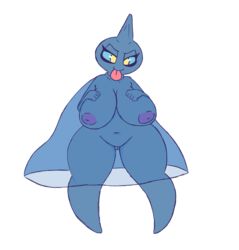 5_fingers anthro big_breasts blue_eyes breasts cloak clothing female ghost iguanasarecool inverted_nipples nintendo nipples pokemon pokemon_(species) pokemorph pussy shortstack shuppet simple_background solo spirit tongue video_games yellow_eyes