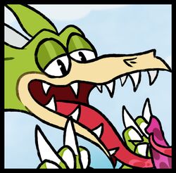 ambiguous_form ambiguous_gender blitzdrachin cropped cuphead_(game) disembodied_penis dragon duo erection fangs green_scales grim_matchstick icon licking long_tongue male male/ambiguous oral penis scales sex simple_background solo_focus tongue tongue_out tonguejob