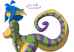 anthro areola big_breasts blue_hair blush breasts chalo edit english_text female gecko geecku green_scales hair heart huge_breasts las_lindas lizard nipples nude reptile scalie side_view solo stripes tail text yellow_scales