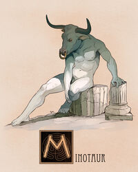 anthro barely_visible_genitalia bovine column facial_piercing feet fur greek_mythology grey_fur hi_res horn humanoid_feet male male_only mammal minotaur mythology nathanandersonart nose_piercing nose_ring nude penis piercing simple_background sitting solo textured_background