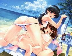 2girls ahoge all_fours areolae black_hair blue_eyes blush breasts brown_eyes brown_hair fingering hasekura_airi long_hair looking_at_viewer looking_back lying medium_breasts misaki_kurehito multiple_girls nipples nude on_back open_mouth sasaki_kaori small_breasts smile spread_legs swimsuit tanline ushinawareta_mirai_wo_motomete yuri