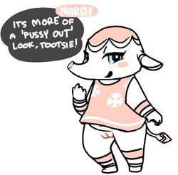 animal_crossing anthro blue_eyes blush bottomless clothed clothing dialogue dress elephant english_text female mammal margie_(animal_crossing) nintendo no_underwear nobby_(artist) pussy shortstack smile solo speech_bubble text