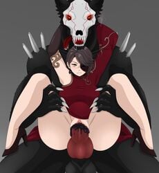 1girls beowolf_(rwby) black_cum brown_hair butterflybluelady cinder_fall cum cum_in_pussy cum_inside drool female from_behind full_nelson glove gold_eyes grimm_(rwby) heels high_heels interspecies larger_male looking_at_viewer mask penetration penis pussy red_dress rwby sex size_difference smaller_female spread_legs vaginal_penetration yellow_eyes