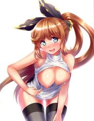 aqua_eyes black_legwear blush breasts brown_hair clarisse_(granblue_fantasy) female flashing flashing_breasts granblue_fantasy green_eyes hair_ribbon long_hair looking_at_viewer medium_breasts meme_attire nipples open_mouth orange_hair ponytail ribbon smile solo stir255 thighhighs virgin_killer_sweater