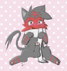 1boy 2016 blush erection feet feral foreskin furry litten male male_only nintendo nude original_character paws penis pokémon_(species) pokemon pokemon_sm rockii solo testicles video_games