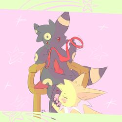 2017 ambiguous_gender blush closed_eyes collar eeveelution erection jolteon knot leash male male/ambiguous nintendo penis pokémon_(species) pokemon rockii sitting umbreon video_games