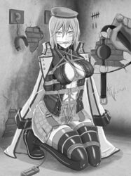 1girls abducted alisa_ilinichina_amiella arashiventus arms_behind_back ballgag blush bondage boots bound cell cleave_gag collar commander crotch_rope egg_vibrator female femsub forced_pleasure fully_clothed gag gagged god_eater hat kidnapped leash long_hair monochrome rope shackles skirt vibrator