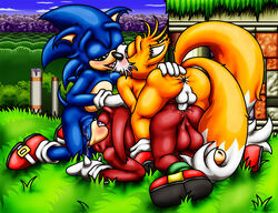 all_fours anal anal_sex anthro anthro_on_anthro anus backsack balls bedroom_eyes blue_body blue_eyes blue_fur blush canine doggy_style fellatio fox from_behind_position fur green_eyes group group_sex half-closed_eyes happyanthro hedgehog hi_res kissing knuckles_the_echidna male male_only male_penetrating mammal oral oral_penetration outside penetration penis purple_eyes red_body red_fur seductive sex sonic_(series) sonic_the_hedgehog tail_sex tailjob tails tan_fur team_sonic threesome yaoi yellow_fur