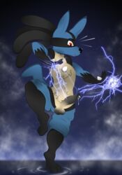 1boy 2017 anthro balls clothing fur lightning lucario male male_only nintendo outside pants penis pokemon pokemon_(species) red_eyes sky solo star v-d-k video_games