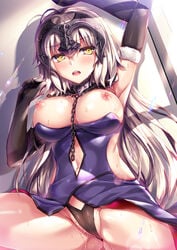 arm_up blush breasts breasts_out cameltoe fate/grand_order fate_(series) female female_only fukase_ayaka huge_breasts jeanne_alter large_breasts long_hair nipples open_mouth panties pussy_juice pussy_juice_drip pussy_juice_trail underwear wet wet_clothes wet_panties