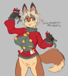 <3 anthro big_breasts bottomless breasts brown_fur christmas christmas_sweater clitoris clothed clothing commentary crybringer english_text female female_focus female_only friday_(crybringer) fur furry furry_only grey_eyes hair heart holidays long_tail partially_clothed pussy short_hair silver_hair snout solo solo_female solo_focus sweater tail text topwear turtleneck