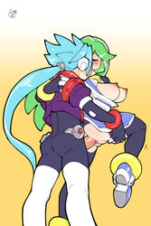 1boy 1girls ass bbc-chan big_breasts blue_hair blush bodysuit breasts brother_and_sister closed_eyes clothed_sex colored doggy_style female green_hair incest kissing kissing_while_penetrated large_breasts long_hair mega_man mega_man_zx pandora_(mega_man) prometheus_(mega_man) reploid robot_girl sex sex_from_behind standing_sex straight vaginal_penetration