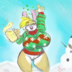 alcohol anthro beer beverage big_breasts blonde_hair blush bottomless breasts brown_fur buckteeth buzz_brambles_(pookahforhire) christmas christmas_sweater clothed clothing commentary drunk female fur hair holidays huge_breasts lagomorph mammal pookahforhire rabbit solo sweater teeth voluptuous