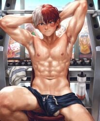 almost_naked armpit_hair armpits arms_up boxers my_hero_academia sweat sweaty todoroki_shouto