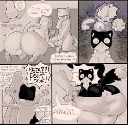 2025 all_fours annoyed anthro anus arrow_sign ass balls bed bedroom big_balls big_butt big_penis blush blush_lines bodily_fluids bottomwear bottomwear_pull close-up closed_eyes clothed clothing clothing_pull comic dialogue digital_media_(artwork) domestic_cat english_text exclamation_point felid feline felis flustered front_view fur furniture genitals group half-closed_eyes hand_on_mouth hand_on_own_mouth hand_on_own_penis hand_on_penis hi_res inside jacket kneeling kuehiko_roshihara lagomorph leporid long_ears looking_at_another male male/male mammal monochrome narrowed_eyes nude on_bed pants pants_pull penis rabbit rear_view rufuta_hachitani shirt smile speech_bubble standing sushiamazing sweat t-shirt tail tapio_chatarozawa text thick_thighs thought_bubble three-quarter_view topwear uwaharu_nezazono whiskers working_buddies!