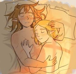 1boy 1boy1girl 1girls after_sex afterglow areolae arm_around_partner bed bed_sheet blonde_hair blush breasts breath_of_the_wild closed_eyes color completely_nude cuddling curly_hair earrings elf_ears ghostlui hand_on_another's_chest hand_on_another's_head in_bed lighting link link_(breath_of_the_wild) link_(tears_of_the_kingdom) long_hair lying lying_on_back lying_on_bed lying_on_side pointy_ears princess_zelda romantic scar scars_all_over sleeping sleeping_together smile straight sunrise tears_of_the_kingdom the_legend_of_zelda toned toned_male under_covers viewed_from_above wholesome zelda_(breath_of_the_wild) zelda_(tears_of_the_kingdom)