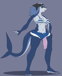 anthro big_breasts big_penis bikini breasts cleavage clothed clothing dickgirl fish flaccid green_eyes grin hair humanoid_penis intersex marine penis ramudey shark smile standing swimsuit victoria_(spottyreception)