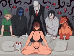 1girls 4boys artist_request ayase_momo ben_drowned big_breasts big_breasts brown_hair choker couch couch_sitting creepypasta dandadan eyeless_jack imminent_bestiality imminent_gangbang imminent_penetration imminent_sex imminent_zoophilia jeff_the_killer meme nervous nervous_expression nervous_female nervous_sweat no_face red_eyes slenderman smile_dog sole_female tagme thick_hips thick_thighs thighhighs thighs turbo_granny_(dandadan) white_skin