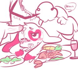 anon anthro cum cum_on_face cunnilingus female food fur group group_sex heart heart_shaped_fur human lagomorph male mammal mt_(artist) oral penis pink_fur pussy rabbit sex text threesome vaginal_penetration white_fur wink_(mt)