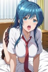 ai_generated big_ass big_breasts blue_hair drooling jaku-chara_tomozaki-kun minami_nanami open_mouth ponytail school_uniform zerori(ゼロり)