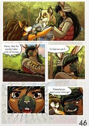 absurd_res anthro big_breasts black_hair blonde_hair blue_eyes breasts brown_body brown_eyes brown_eyes brown_fur brown_hair canid canine canis comic domestic_dog english_text fantasy female fox fur german_spitz grace_o'malley hair hi_res lagomorph large_spitz leporid long_hair madlaine_mckraven magic mammal markings medieval megan_bryar rabbit red_eyes spitz spots spotted_body spotted_fur text the_quest_for_quests tqfq white_body white_fur yellow_body yellow_fur zaiksmckraven