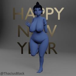 3d belly black_hair blue_body blue_eyes blue_skin blue_skinned_female dark_sclera fangs goblin goblin_female gudoe(thaciusblack) huge_breasts imp large_breasts looking_at_viewer monster monster_girl new_year new_year_2025 oc original_character original_characters shortstack size_difference smaller_female smiling_at_viewer thaciusblack wide_hips