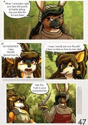 absurd_res anthro big_breasts black_hair breasts brown_body brown_eyes brown_eyes brown_fur brown_hair canid canine canis comic domestic_dog english_text fantasy female fur german_spitz hair hi_res lagomorph large_spitz leporid long_hair madlaine_mckraven mammal markings medieval megan_bryar rabbit red_eyes spitz spots spotted_body spotted_fur text the_quest_for_quests tqfq white_body white_fur yellow_body yellow_fur zaiksmckraven
