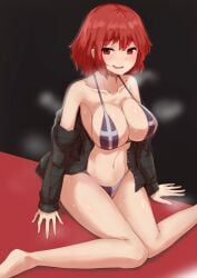 big_breasts bikini blush breasts cleavage female mani_padme raiko_horikawa red_eyes red_hair smile sweat touhou