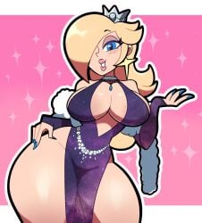 1girls bare_shoulders blonde_hair blue_eyes breasts cleavage cleavage_cutout clothing curvy dress earrings female female_focus hair_over_one_eye heart mario_(series) nintendo princess_rosalina scottfalco_(artist) solo solo_focus standing super_mario_galaxy tagme