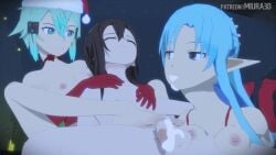 1boy 2girls 3d animated aqua_eyes aqua_hair asada_shino blowjob christmas cum cum_in_mouth deep_penetration deepthroat feet female flowjob foot_fetish footjob hair_ornament kirigaya_kazuto kirito male miura3d sinon sword_art_online tagme topless trio video yuuki_asuna