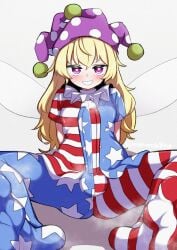 1futa american_flag american_flag_legwear areolae balls big_penis blonde_hair breasts clothed clothing clownpiece erection erection_under_clothes fully_clothed futa_only futanari humanoid humanoid_penis impossible_clothes kameyan light-skinned_futanari light_skin long_hair looking_at_viewer nipples penis sharp_teeth skin_tight solo tight_clothing touhou