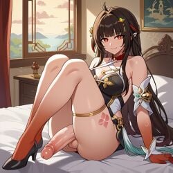 1futa 1girls ai_generated brown_hair cock colored colored_extremities confident futanari heels honkai:_star_rail huge_cock laying_down laying_on_bed leg_tattoo lingsha_(honkai:_star_rail) long_hair looking_at_viewer orange_eyes pointy_ears red_hands room smile thigh_strap thighs