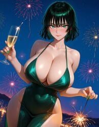 ai_generated bare_thighs fubuki_(one-punch_man) gigantic_breasts green_eyes green_hair high_resolution huge_breasts huge_thighs light-skinned_female light_skin looking_at_viewer massive_breasts new_year oiled_body oiled_skin one-punch_man short_hair smiling solo_female squatting sweat sweatdrop thick_body thick_female thick_thighs thighs vertiloart voluptuous voluptuous_female