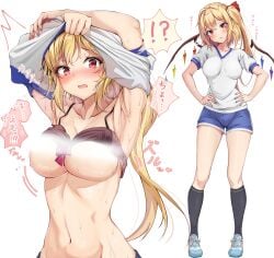 amagi_(amagi626) blonde_hair blush bra bra_lift breasts crystal flandre_scarlet nipples red_eyes touhou translation_request wings