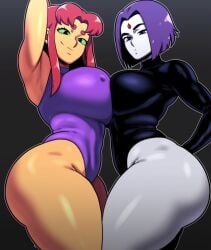 2024 2d 2d_(artwork) 2girls ai_generated alien alien_girl ass big_ass breast_press breasts_together dat_ass dc dc_comics demon_girl female female_only grey_body grey_skin huge_ass koriand'r leotard long_hair looking_at_viewer looking_back_at_viewer mullon novelai orange_body pale_skin purple_hair rachel_roth raven_(dc) red_hair red_hair_female short_hair starfire superheroine tamaranean teen_titans