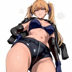 ai_generated belly_button blonde_hair blue_eyes bra femdom gloves jacket looking_at_viewer looking_down low_angle ribbon short_jeans shorts smirk steam sweat twintails zipper zipper_pull_tab