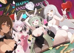 4girls alice_(nikke) alice_(wonderland_bunny)_(nikke) animal_ears ass balloon bare_shoulders black_bow black_bowtie black_leotard black_pantyhose blanc_(nikke) blonde_hair bow bowtie breasts brown_hair cleavage commentary_request dark-skinned_female dark_skin fake_animal_ears fishnet_pantyhose fishnets goddess_of_victory:_nikke green_hair happy_anniversary heart_balloon highres huge_breasts irono_ha leotard long_hair medium_breasts multiple_girls noir_(nikke) official_alternate_costume open_mouth orange_eyes pantyhose pink_bow pink_bowtie pink_eyes pink_leotard playboy_bunny poker_chip poker_table purple_eyes rabbit_ears rabbit_tail smile soda_(nikke) soda_(twinkling_bunny)_(nikke) table tail teeth twintails upper_teeth_only white_hair white_leotard white_pantyhose