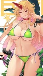 belly_button big_breasts bikini blonde_hair breasts cleavage hataraki_kuma horn hoshiguma_yuugi oni open_mouth red_eyes touhou