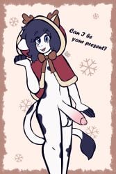 2:3 absurd_res anthro balls bovid bovine cattle christmas christmas_clothing clothed clothed/nude clothing femboy genitals happy hi_res holidays humanoid_genitalia looking_at_viewer male mammal max_draws nude oreo_(max_draws) penis solo standing text