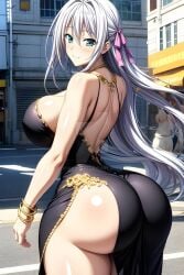 ai_generated ass ass_focus big_ass bracelets breasts city fat_ass from_behind high_school_dxd huge_ass looking_at_viewer rossweisse smile thick_thighs