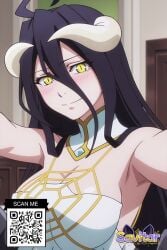 ahoge ai_generated albedo_(overlord) bangs bare_shoulders bed black_hair black_wings blush breasts cleavage closed_mouth clothing demon_girl demon_horns detached_collar dress feathered_wings female gloves hair_between_eyes horns large_breasts littlehentai long_hair looking_at_viewer low_wings lying on_back on_bed overlord_(maruyama) pillow savitar savitar_(artist) slit_pupils smile solo very_long_hair white_dress white_gloves white_horns wings yellow_eyes